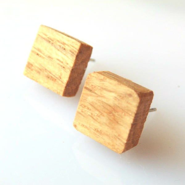 καρφωτά σκουλαρίκια | ξύλινα, τετράγωνα, δρύινα - ξύλο, μέταλλο, καρφωτά