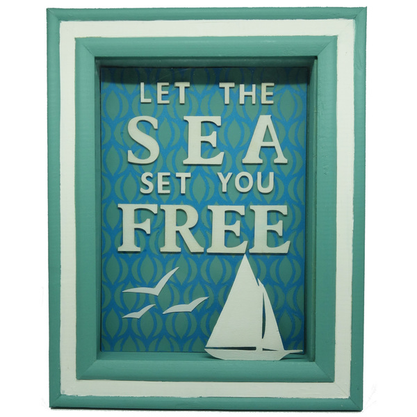 Τρισδιάστατο κάδρο με σλόγκαν "Let the sea set you free" - διακοσμητικό, ξύλο, καλοκαίρι, πίνακες & κάδρα, δώρο, πουλάκια, τοίχου, χειροποίητα, καράβι, θάλασσα, 3d, ξύλινο