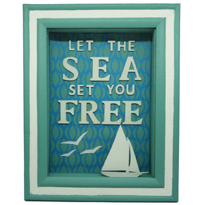 Τρισδιάστατο κάδρο με σλόγκαν "Let the sea set you free" - διακοσμητικό, ξύλο, καλοκαίρι, πίνακες & κάδρα, δώρο, πουλάκια, τοίχου, χειροποίητα, καράβι, θάλασσα, ξύλινο, υποαλλεργικό