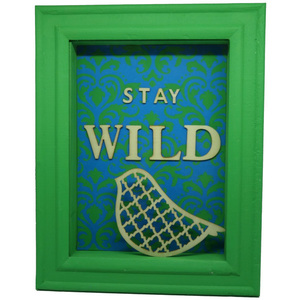 Τρισδιάστατο κάδρο με σλόγκαν "Stay wild" - μπλε, διακοσμητικό, ξύλο, πίνακες & κάδρα, δώρο, πουλάκια, τοίχου, γεωμετρικά σχέδια, χειροποίητα, 3d, ξύλινο