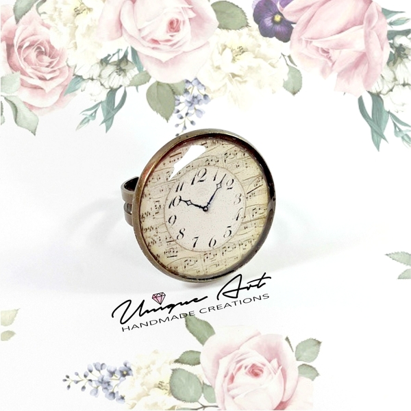 Clock | Vintage Ring - statement, vintage, γυαλί, γυαλί, γυναικεία, ρολόι, δαχτυλίδι, δαχτυλίδια, εντυπωσιακό, unique, μεγάλα, αυξομειούμενα, δώρα για γυναίκες, φθηνά - 2