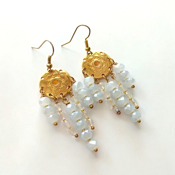 White dangle earrings - chic, μοναδικό, κρύσταλλα, μεταλλικά στοιχεία