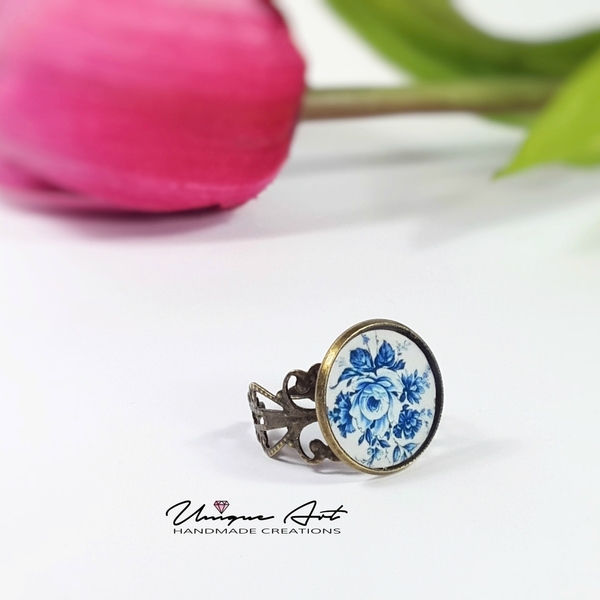 Dantelle | Vintage Ring - vintage, γυαλί, γυαλί, μέταλλο, δαχτυλίδι, φλοράλ, λουλούδι, αυξομειούμενα - 2
