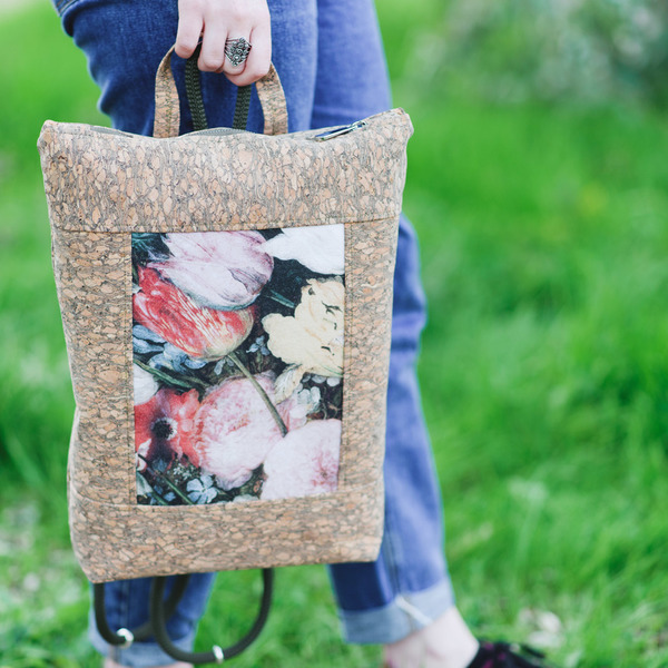 Τσάντα από Φελλό και Ύφασμα Flower Bouquet Multibag - ύφασμα, πλάτης, σακίδια πλάτης, κορδόνια, χειροποίητα, μεγάλες, φλοράλ, φελλός, μεταλλικά στοιχεία - 4