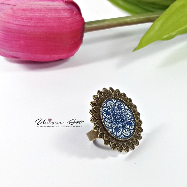 Mandala Floral | Vintage Ring | Δαχτυλίδι με υγρό γυαλί - statement, vintage, γυαλί, γυαλί, γυναικεία, μέταλλο, δαχτυλίδι, χειροποίητα, εντυπωσιακό, φλοράλ, unique, μεγάλα, αυξομειούμενα, δώρα για γυναίκες, φθηνά - 3