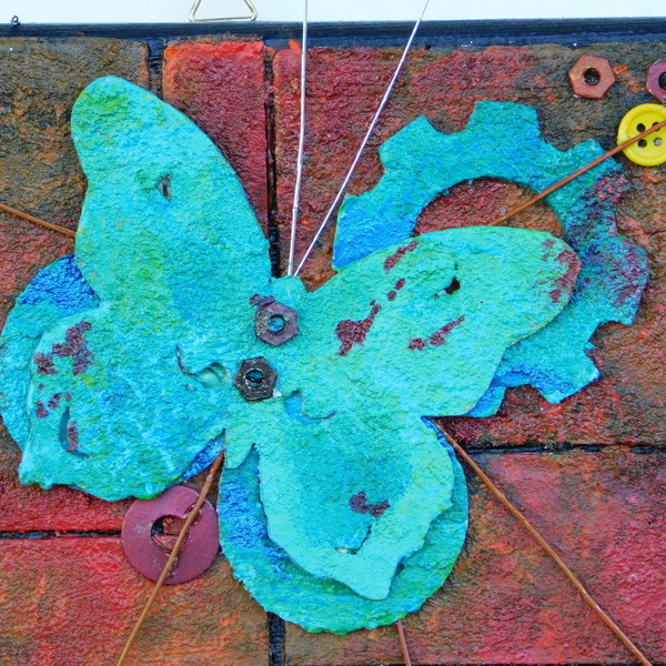 Πεταλούδα σε σκουριασμένο τοπίο 2 - vintage, πίνακες & κάδρα, καμβάς, καμβάς, σύρμα, χαρτί, σπίτι, ακρυλικό, μέταλλο, πεταλούδα - 2