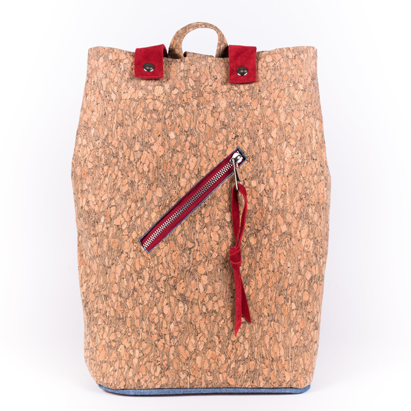 Τσάντα Πλάτης από Φελλό " Red Tulip" - ύφασμα, σακίδια πλάτης, χειροποίητα, μεγάλες, φελλός, μεταλλικά στοιχεία