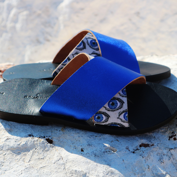 BLUE EVIL EYE SANDALS - μπλε, δέρμα, δέρμα, γυναικεία, χιαστί, σανδάλια, χειροποίητα, φλατ - 4