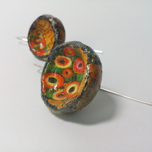 Klimt inspired earrings - vintage, ασήμι 925, πηλός, γεωμετρικά σχέδια, romantic, all day, unique, boho, κρεμαστά - 4