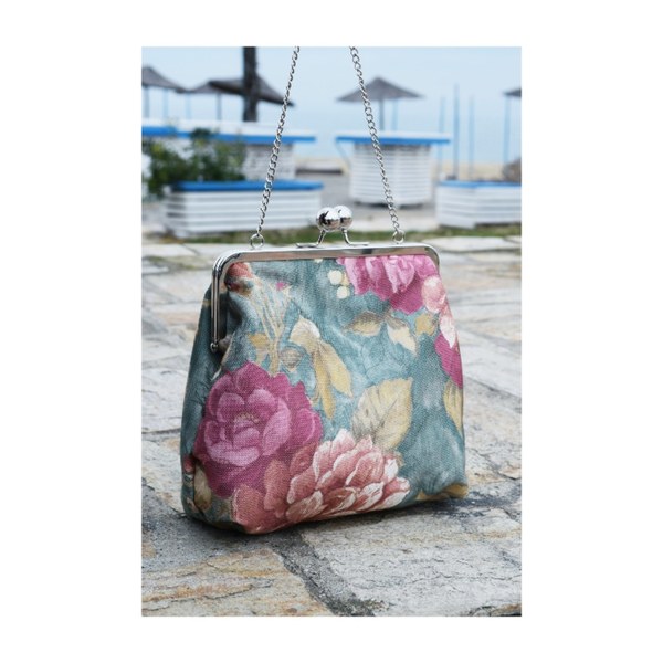 Audette bag με μεταλλικό σκελετό και αλυσίδα - ύφασμα, αλυσίδες, λουλούδια, χιαστί, φλοράλ, μικρές, φθηνές - 3