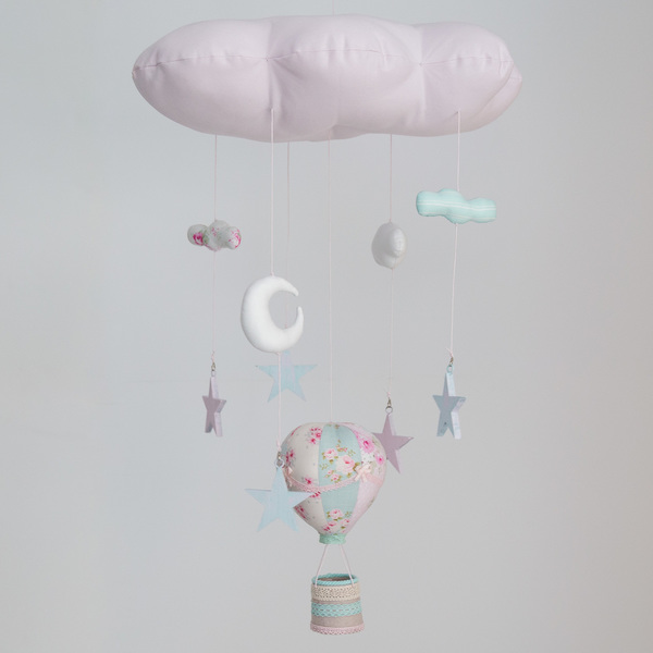 Μομπιλε σύννεφο με αερόστατο και αστέρια σε αποχρώσεις του ροζ και της μέντας - βαμβάκι, διακοσμητικό, ξύλο, ιδιαίτερο, μοναδικό, αγόρι, αστέρι, τσόχα, δώρο, φεγγάρι, αερόστατο, δώρα για βάπτιση, romantic, μόμπιλε, παιδικό δωμάτιο, παιδική διακόσμηση, βρεφικά, δώρο για νεογέννητο, κρεμαστά στοιχεία, για παιδιά
