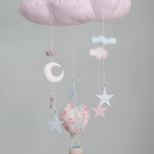 Μομπιλε σύννεφο με αερόστατο και αστέρια σε αποχρώσεις του ροζ και της μέντας - βαμβάκι, διακοσμητικό, ξύλο, ιδιαίτερο, μοναδικό, αγόρι, αστέρι, τσόχα, δώρο, φεγγάρι, αερόστατο, δώρα για βάπτιση, romantic, μόμπιλε, παιδικό δωμάτιο, παιδική διακόσμηση, βρεφικά, δώρο για νεογέννητο, κρεμαστά στοιχεία, για παιδιά - 3