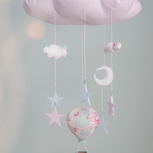 Μομπιλε σύννεφο με αερόστατο και αστέρια σε αποχρώσεις του ροζ και της μέντας - βαμβάκι, διακοσμητικό, ξύλο, ιδιαίτερο, μοναδικό, αγόρι, αστέρι, τσόχα, δώρο, φεγγάρι, αερόστατο, δώρα για βάπτιση, romantic, μόμπιλε, παιδικό δωμάτιο, παιδική διακόσμηση, βρεφικά, δώρο για νεογέννητο, κρεμαστά στοιχεία, για παιδιά - 4