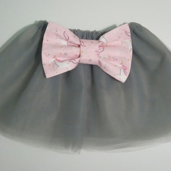 Τούλινη φούστα (tutu) γκρι με μονόκερους φιογκο - βαμβάκι, φιόγκος, κορίτσι, βρεφικά - 2