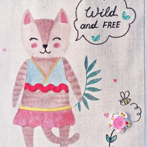 ΝΕW!! Tσάντα πανίνη "Wild and Free" - ύφασμα, ζωγραφισμένα στο χέρι, ιδιαίτερο, ώμου, κορίτσι, pom pom, χειροποίητα, μεγάλες, all day, δωράκι, αξεσουάρ, gift, δώρα γενεθλίων, διακοσμητικά, για παιδιά, tote, πάνινες τσάντες, φθηνές - 3