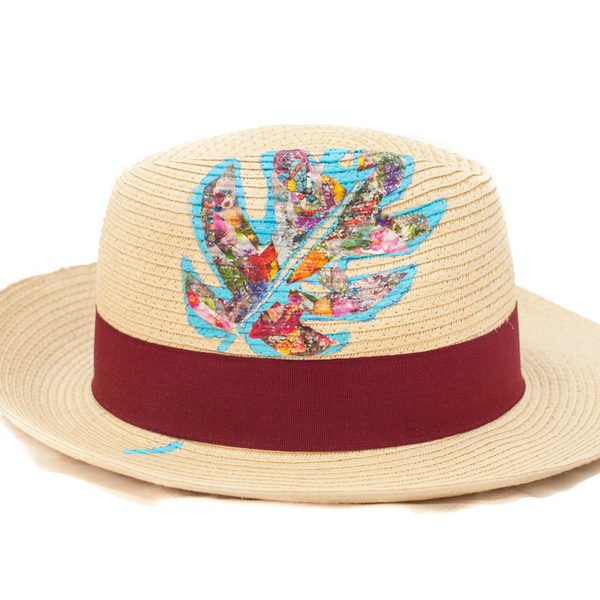 THE COLLAGES PHILODENDRON HANDPAINTED FEDORA HAT (RED) - ζωγραφισμένα στο χέρι, ψάθινα