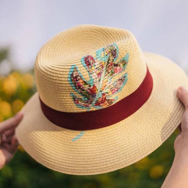 THE COLLAGES PHILODENDRON HANDPAINTED FEDORA HAT (RED) - ζωγραφισμένα στο χέρι, ψάθινα - 3