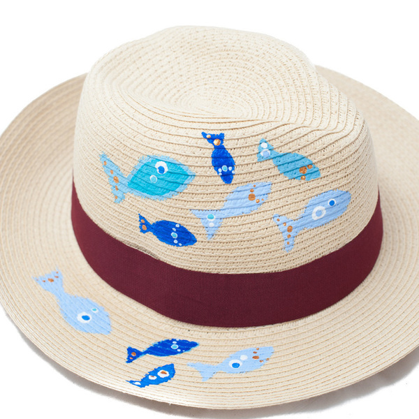 BLUE FISH HANDPAINTED FEDORA HAT (RED) - ζωγραφισμένα στο χέρι, καλοκαίρι, παραλία, ψάθινα - 3