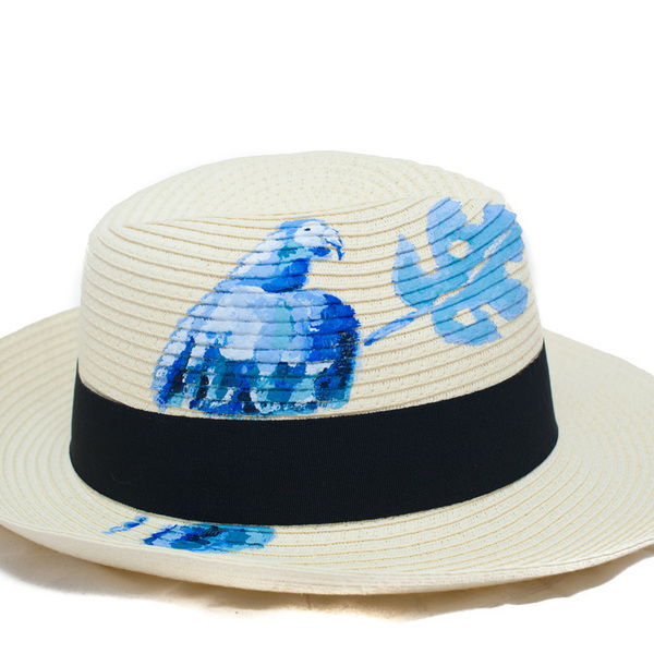 BLUE PARROT HANDPAINTED FEDORA HAT - ζωγραφισμένα στο χέρι, καλοκαίρι, παραλία, ψάθινα