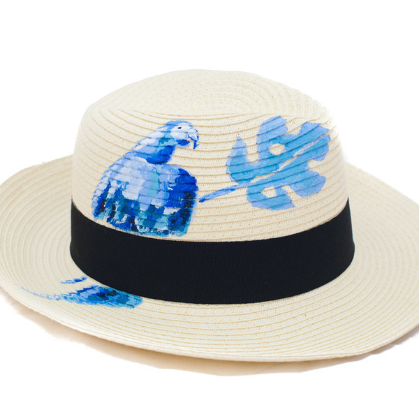 BLUE PARROT HANDPAINTED FEDORA HAT - ζωγραφισμένα στο χέρι, καλοκαίρι, παραλία, ψάθινα - 2