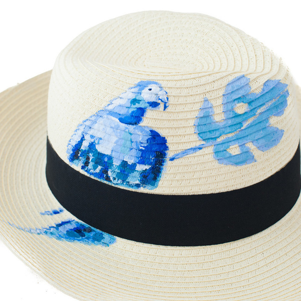 BLUE PARROT HANDPAINTED FEDORA HAT - ζωγραφισμένα στο χέρι, καλοκαίρι, παραλία, ψάθινα - 3
