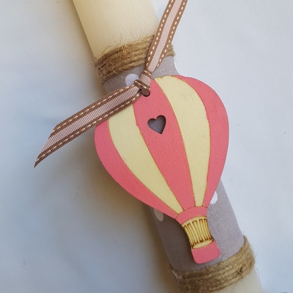 Πασχαλινή λαμπάδα ροζ αερόστατο - ύφασμα, κορδέλα, ξύλο, κορίτσι, λαμπάδες, αερόστατο, χειροποίητα, κερί, αρωματικά κεριά, αρωματικό, για παιδιά
