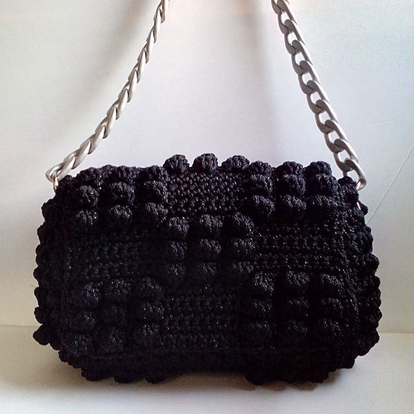 Πλεκτή μαύρη λούρεξ τσάντα bubble - αλυσίδες, chic, χιαστί, crochet, πλεκτές τσάντες, μικρές - 2