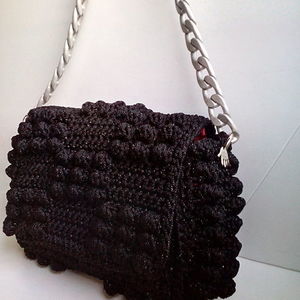 Πλεκτή μαύρη λούρεξ τσάντα bubble - αλυσίδες, chic, χιαστί, crochet, πλεκτές τσάντες, μικρές - 3