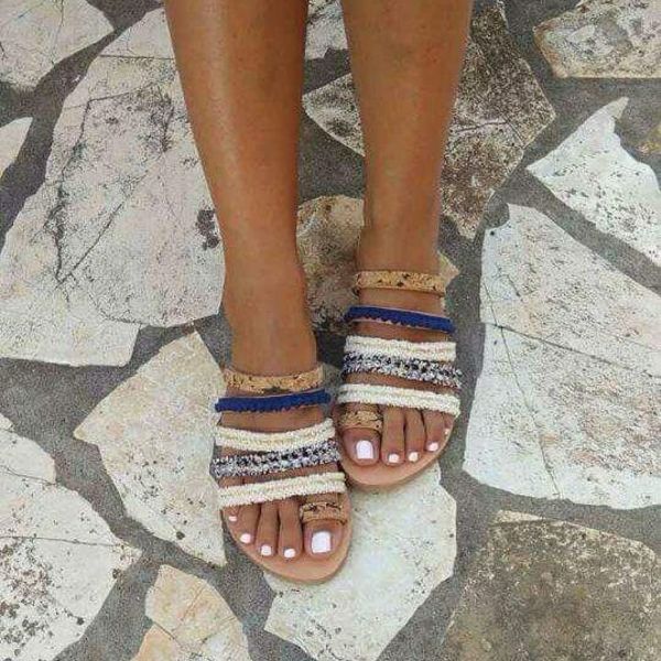 Σανδάλια "Endless Summer" - καλοκαιρινό, χειροποίητα, μοντέρνο, μοναδικό, ιδιαίτερο, γυναικεία, unique, summer, δώρα για γυναίκες, δέρμα, βαμβακερές κορδέλες, φελλός, romantic, boho, φλατ, slides - 3