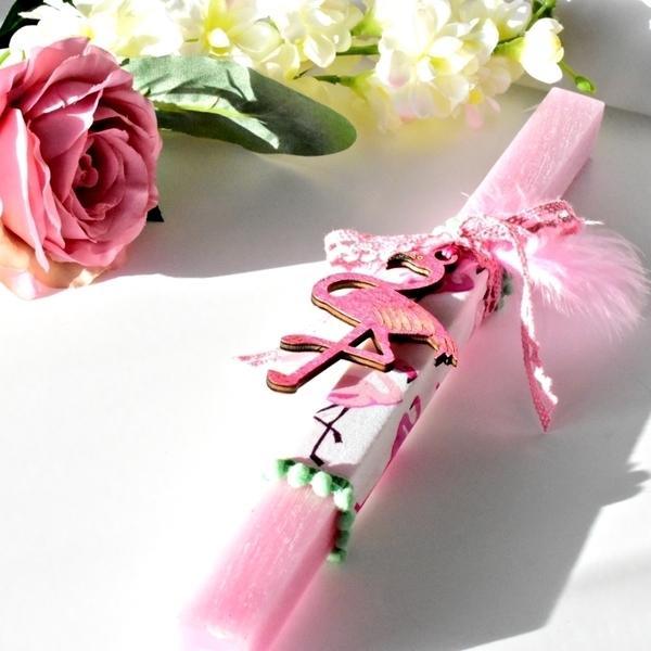 Λαμπάδα με φλαμίνγκο! - διακοσμητικό, ζωγραφισμένα στο χέρι, φτερό, κορίτσι, λαμπάδες, αρωματικά κεριά, αρωματικό, flamingos, έκπληξη, μαγνητάκια, για παιδιά, καρτελάκια - 3