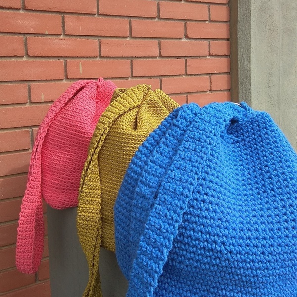 Πλεκτή τσάντα πουγκί με βαμβακερό κορδόνι macrame - μονόχρωμες, πουγκί, χιαστί, crochet, τσάντα, minimal, boho, πλεκτές τσάντες - 4