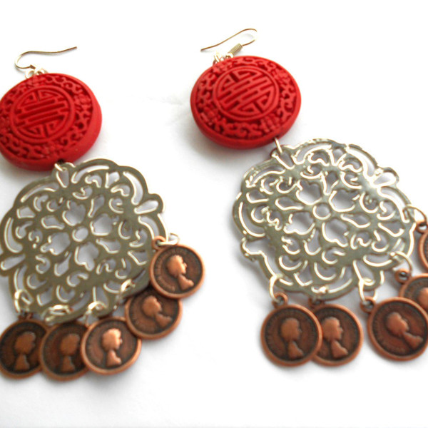 gypsy σκουλαρίκια με φλουριά - μοντέρνο, γεωμετρικά σχέδια, boho, ethnic, κρεμαστά, μεγάλα σκουλαρίκια