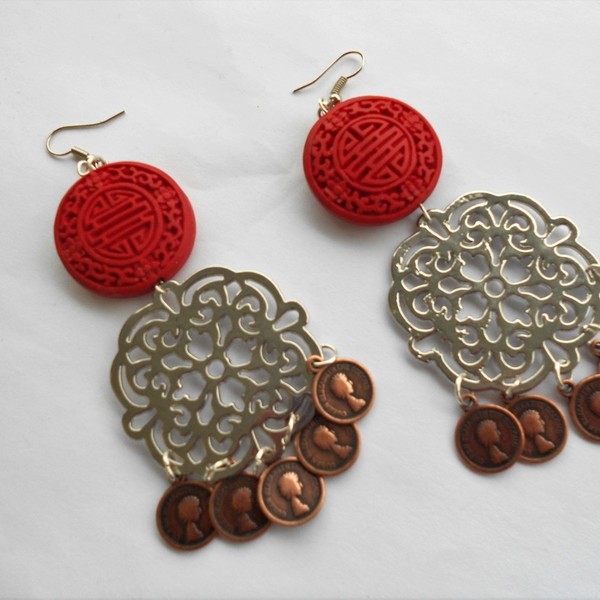 gypsy σκουλαρίκια με φλουριά - μοντέρνο, γεωμετρικά σχέδια, boho, ethnic, κρεμαστά, μεγάλα σκουλαρίκια - 2