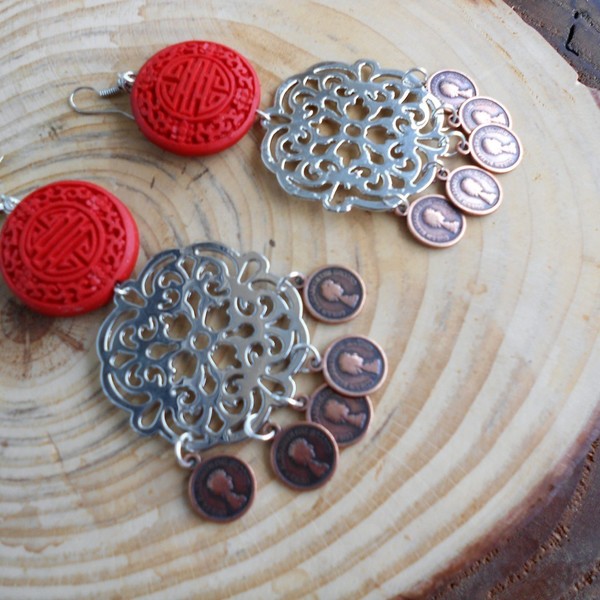 gypsy σκουλαρίκια με φλουριά - μοντέρνο, γεωμετρικά σχέδια, boho, ethnic, κρεμαστά, μεγάλα σκουλαρίκια - 3