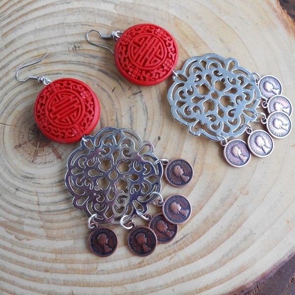 gypsy σκουλαρίκια με φλουριά - μοντέρνο, γεωμετρικά σχέδια, boho, ethnic, κρεμαστά, μεγάλα σκουλαρίκια - 4
