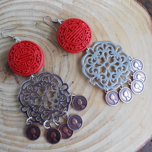 gypsy σκουλαρίκια με φλουριά - μοντέρνο, γεωμετρικά σχέδια, boho, ethnic, κρεμαστά, μεγάλα σκουλαρίκια - 5