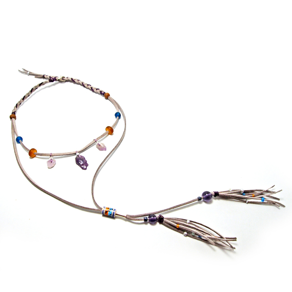 Μακρύ boho multilaer κολιέ με Αμέθυστο - δέρμα, ημιπολύτιμες πέτρες, μοντέρνο, ανοιξιάτικο, γεωμετρικά σχέδια, χειροποίητα, μακριά, must αξεσουάρ, boho, ethnic, αυξομειούμενα, δώρα για γυναίκες