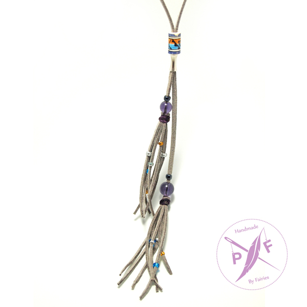 Μακρύ boho multilaer κολιέ με Αμέθυστο - δέρμα, ημιπολύτιμες πέτρες, μοντέρνο, ανοιξιάτικο, γεωμετρικά σχέδια, χειροποίητα, μακριά, must αξεσουάρ, boho, ethnic, αυξομειούμενα, δώρα για γυναίκες - 3