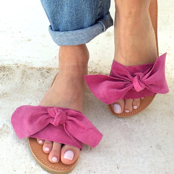 bow sandals size/40 - δέρμα, ύφασμα, chic, μοντέρνο, romantic, minimal, φλατ, slides - 4