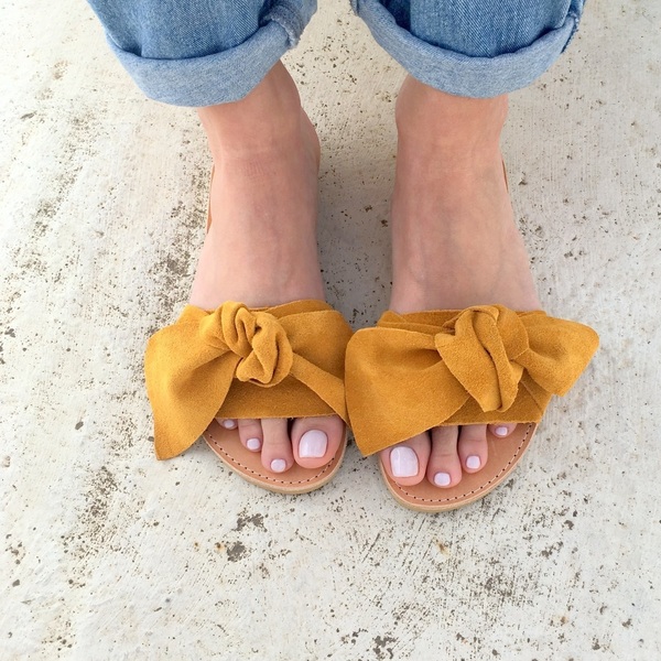 bow sandals mustard - δέρμα, chic, romantic, minimal, boho, φλατ, slides