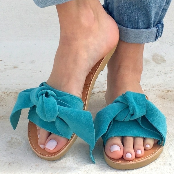 bow sandals blue - δέρμα, ύφασμα, chic, vintage, minimal, φλατ, slides - 2