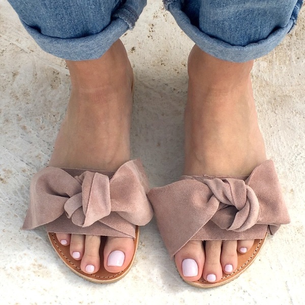 bow sandals beige - δέρμα, chic, vintage, μοντέρνο, street style, minimal, boho, φλατ, slides - 2