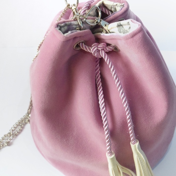 Macaron mini bucket bag - ύφασμα, αλυσίδες, πουγκί, χιαστί, φλοράλ, romantic, all day, κρόσσια