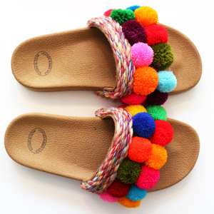 Party sandals pompoms - δέρμα, καλοκαιρινό, γυναικεία, pom pom, σανδάλια, χειροποίητα, boho, φλατ, slides