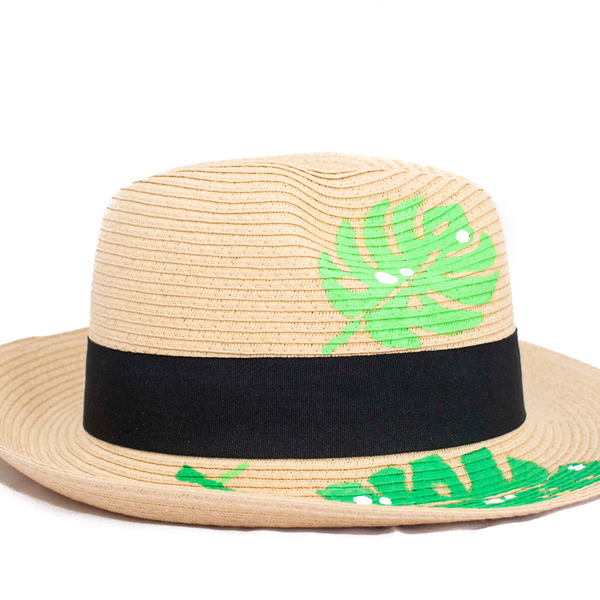 TROPICAL GREEN LEAVES HANDPAINTED FEDORA HAT - ζωγραφισμένα στο χέρι, καλοκαίρι, παραλία, ψάθινα