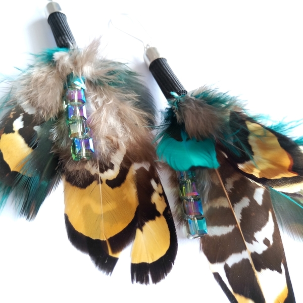Σκουλαρίκια χειροποίητα με φτερά - φτερό, swarovski, ethnic, κρεμαστά