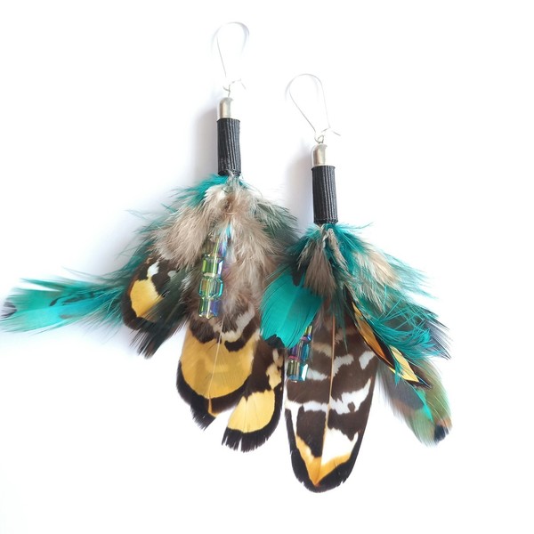 Σκουλαρίκια χειροποίητα με φτερά - φτερό, swarovski, ethnic, κρεμαστά - 3