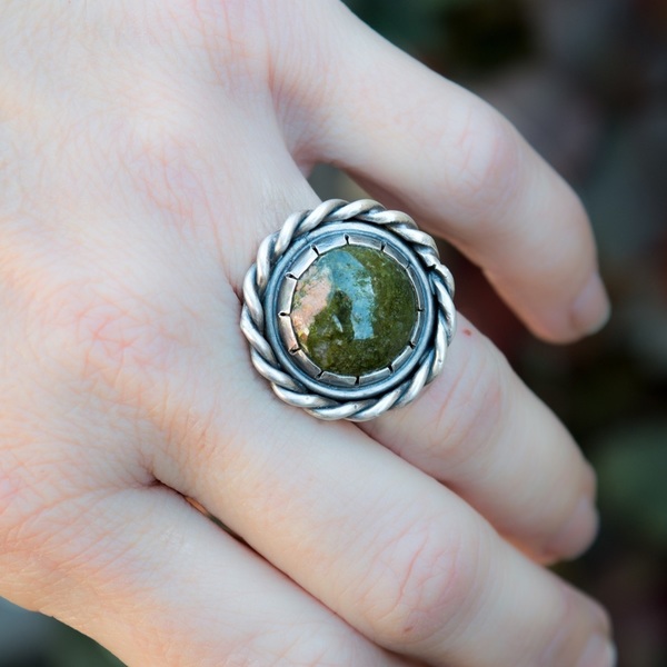Ασημένιο δαχτυλίδι με Ουνακίτη (Unakite) - statement, ασήμι, ημιπολύτιμες πέτρες, handmade, vintage, πέτρα, ασήμι 925, χειροποίητα, ethnic, μεγάλα, δώρα για γυναίκες - 3