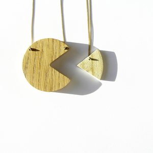Χειροποίητο ξύλινο κολιέ pacman 2 με αλυσίδα & στοιχεία από 14K επιχρυσωμένο ασήμι - statement, ασήμι, ξύλο, μοντέρνο, επιχρυσωμένα, μακρύ, μακριά, minimal - 4