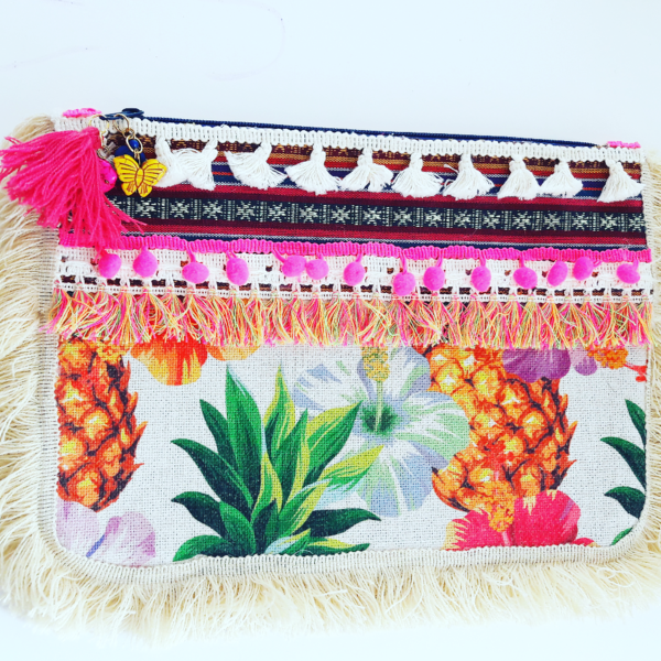 "pineapple bag" - καλοκαίρι, clutch, pom pom, παραλία, κρόσσια